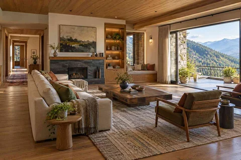 AI-generated living room design concept: asymmetric garden salon, hill timber direction