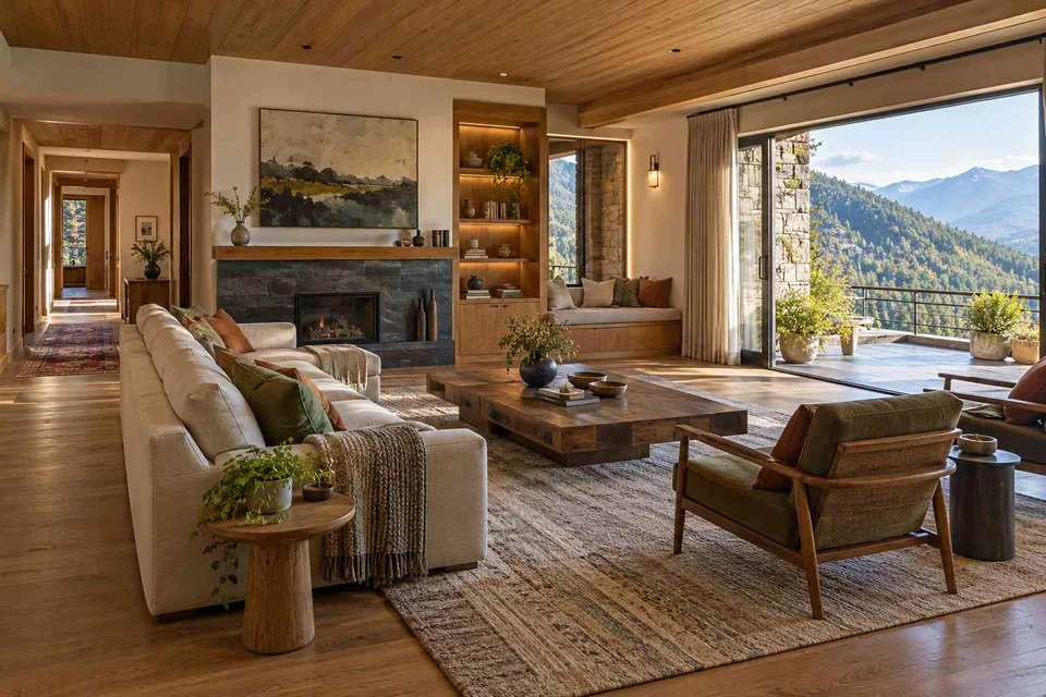 AI-generated living room design concept: asymmetric garden salon, hill timber direction