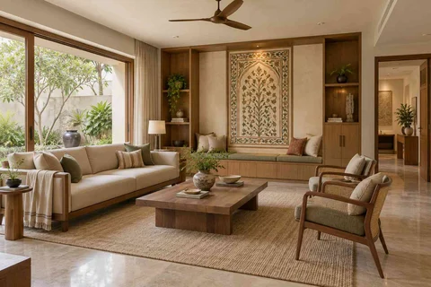 AI-generated living room design concept: asymmetric garden salon, inlay atelier direction