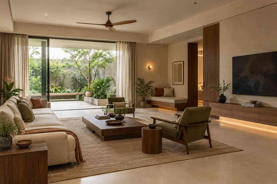 AI-generated living room design concept: asymmetric garden salon, lime and walnut direction