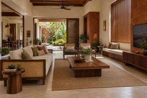 AI-generated living room design concept: asymmetric garden salon, malabar timber direction
