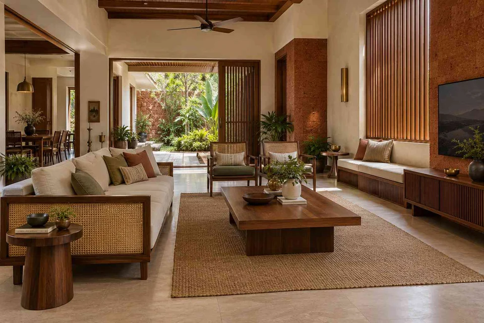 AI-generated living room design concept: asymmetric garden salon, malabar timber direction