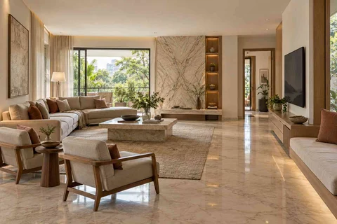 AI-generated living room design concept: asymmetric garden salon, marble restraint direction