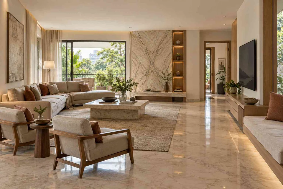 AI-generated living room design concept: asymmetric garden salon, marble restraint direction