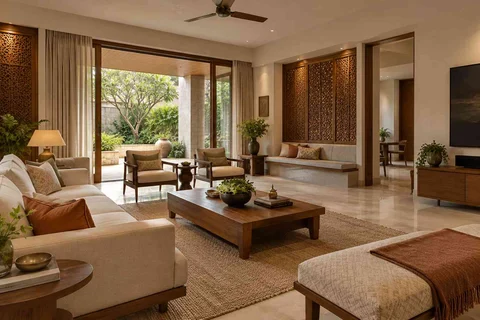 AI-generated living room design concept: asymmetric garden salon, modern carved direction