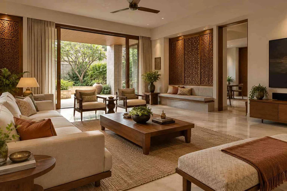 AI-generated living room design concept: asymmetric garden salon, modern carved direction