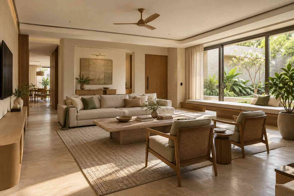 AI-generated living room design concept: asymmetric garden salon, quiet contemporary direction