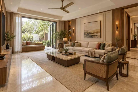 AI-generated living room design concept: asymmetric garden salon, quiet transitional direction