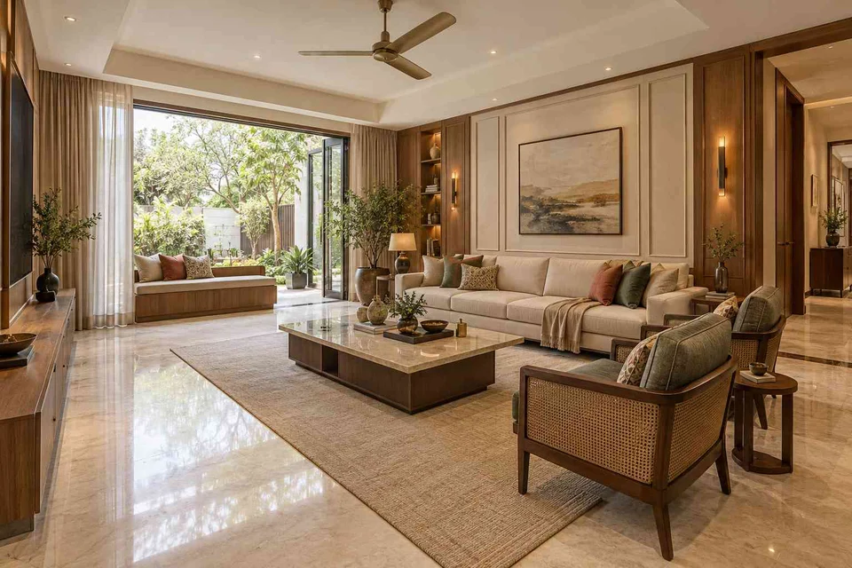 AI-generated living room design concept: asymmetric garden salon, quiet transitional direction