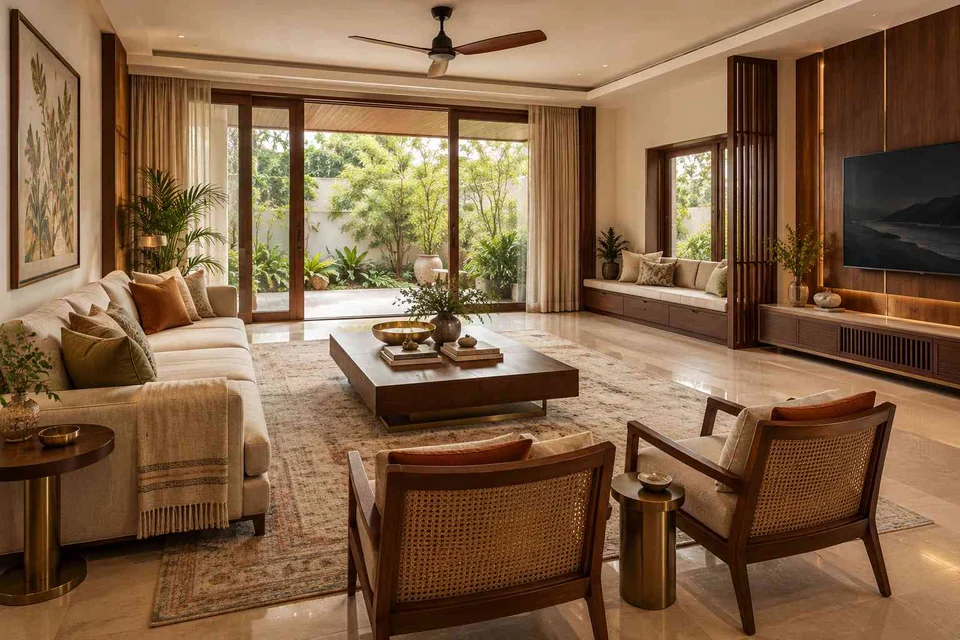 AI-generated living room design concept: asymmetric garden salon, rosewood brass direction