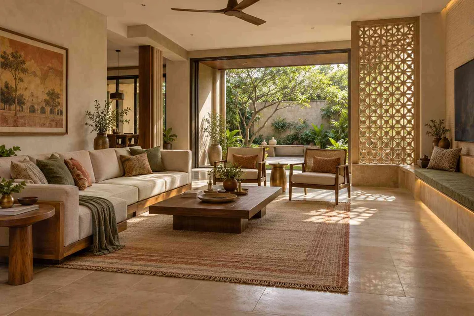AI-generated living room design concept: asymmetric garden salon, sandstone lattice direction