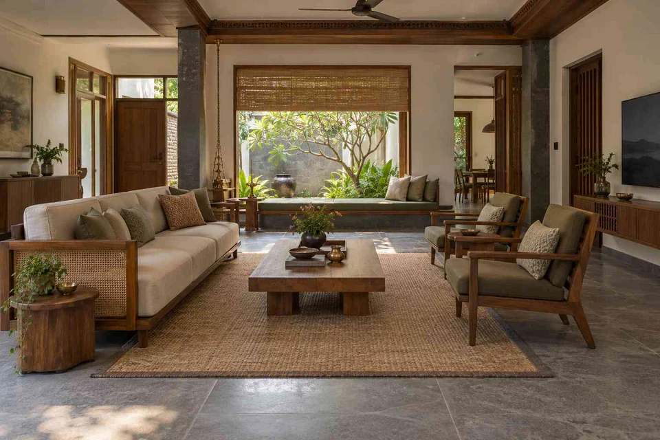 AI-generated living room design concept: asymmetric garden salon, teak craft direction