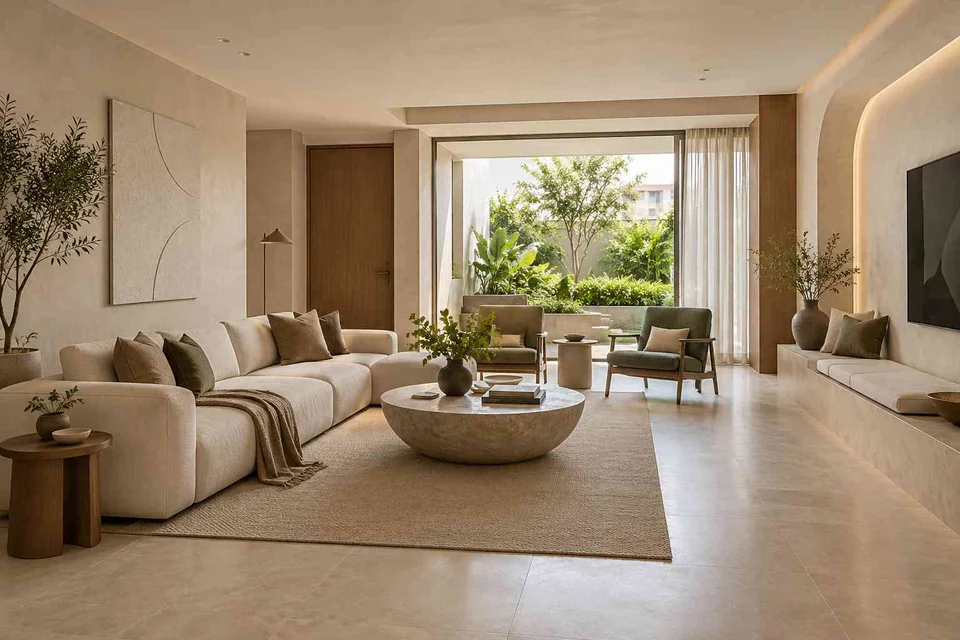 AI-generated living room design concept: asymmetric garden salon, textured mineral direction