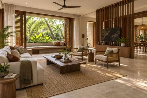 AI-generated living room design concept: asymmetric garden salon, tropical slatted direction