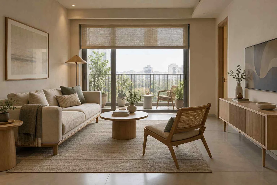 AI-generated living room design concept: balcony threshold living, ash and linen direction