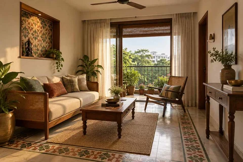 AI-generated living room design concept: balcony threshold living, chettinad tile direction