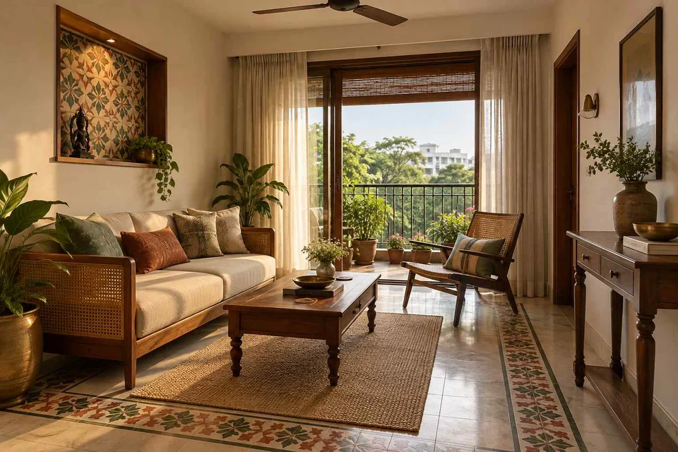AI-generated living room design concept: balcony threshold living, chettinad tile direction