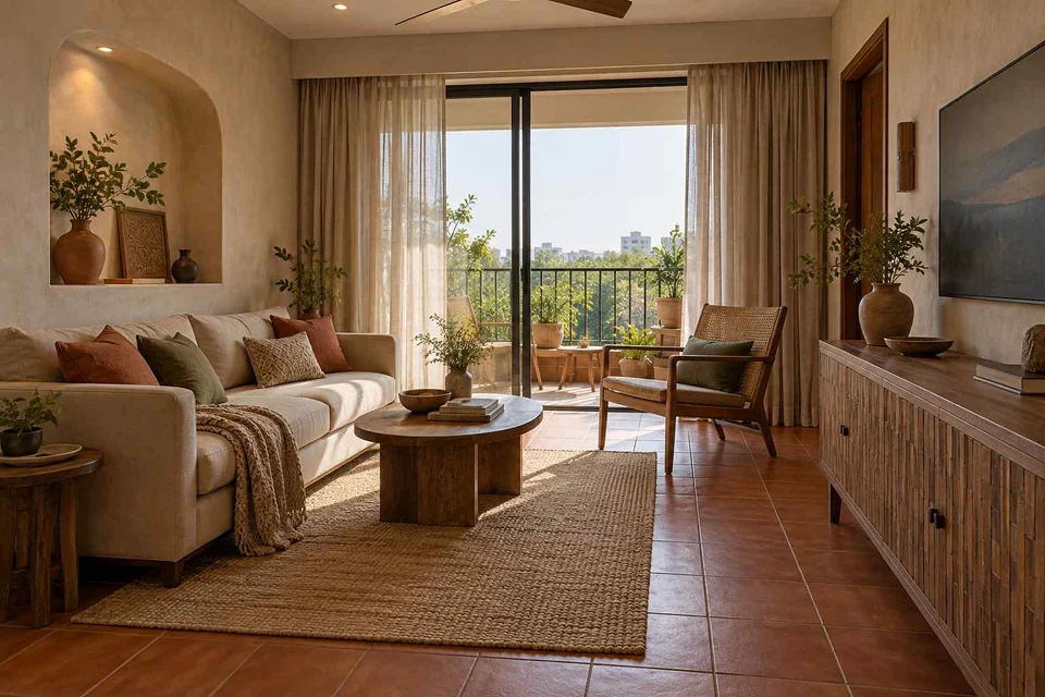 AI-generated living room design concept: balcony threshold living, clay artisan direction
