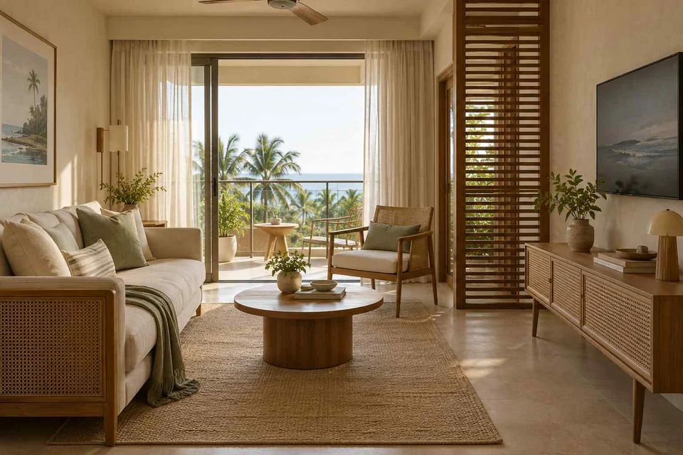 AI-generated living room design concept: balcony threshold living, coastal woven direction