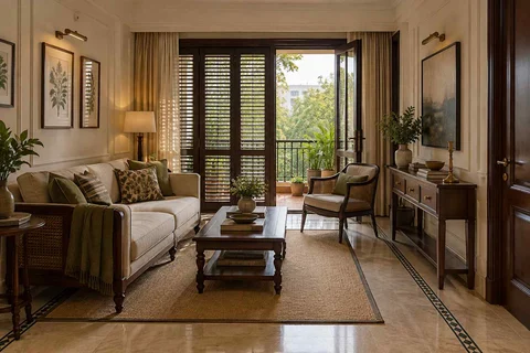 AI-generated living room design concept: balcony threshold living, colonial quiet direction