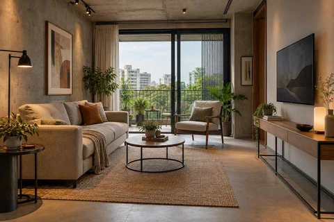 AI-generated living room design concept: balcony threshold living, concrete and oak direction