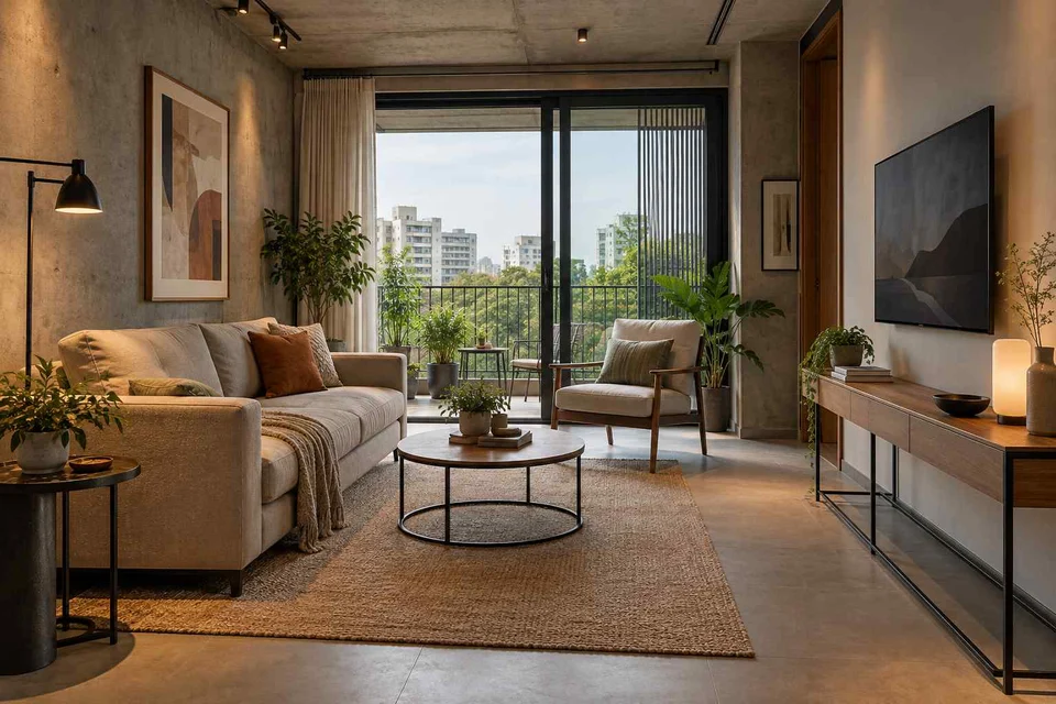AI-generated living room design concept: balcony threshold living, concrete and oak direction