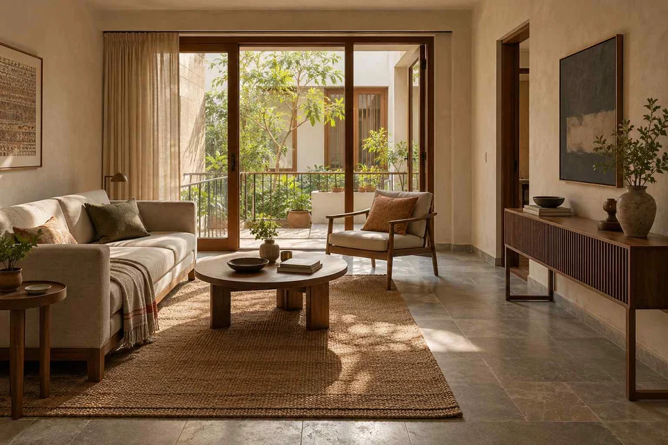 AI-generated living room design concept: balcony threshold living, courtyard modern direction