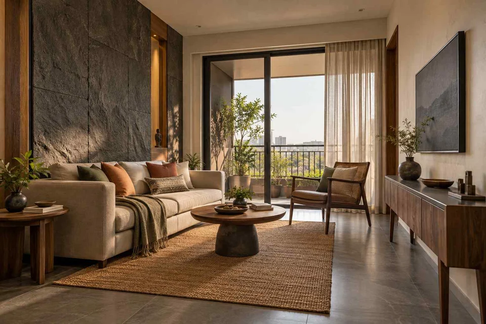 AI-generated living room design concept: balcony threshold living, deccan stone direction