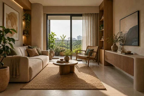 AI-generated living room design concept: balcony threshold living, earth and bamboo direction