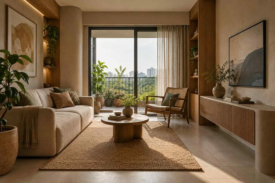 AI-generated living room design concept: balcony threshold living, earth and bamboo direction