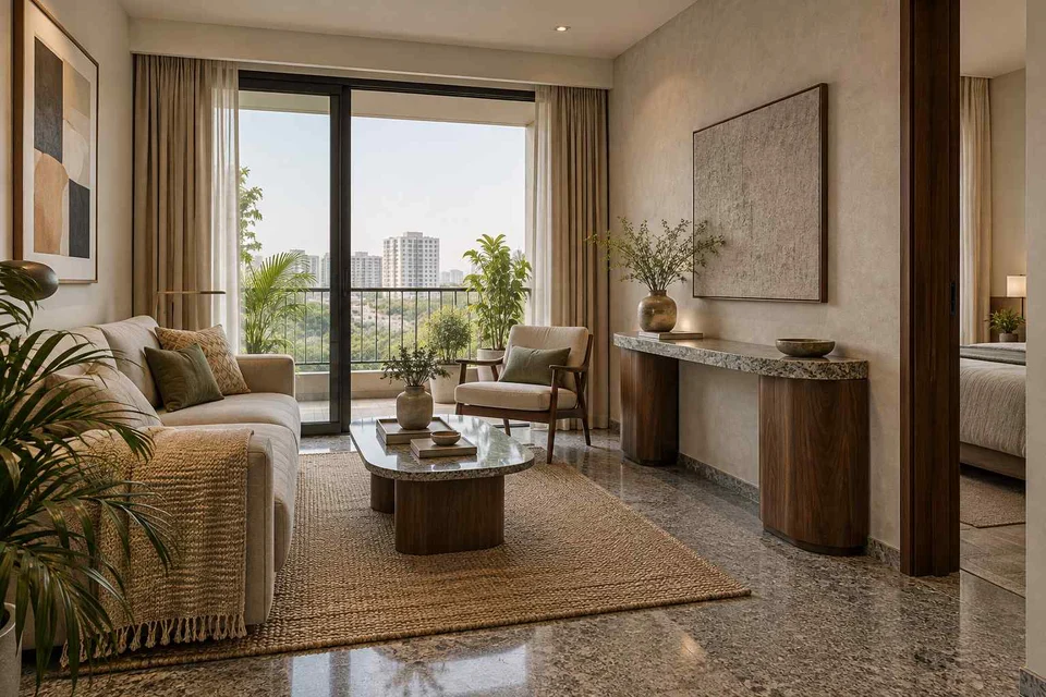 AI-generated living room design concept: balcony threshold living, granite precision direction