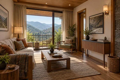 AI-generated living room design concept: balcony threshold living, hill timber direction