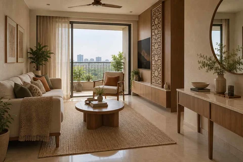 AI-generated living room design concept: balcony threshold living, inlay atelier direction