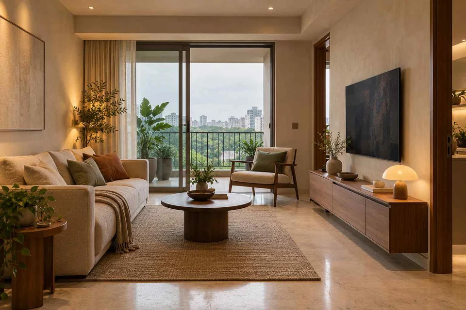 AI-generated living room design concept: balcony threshold living, lime and walnut direction