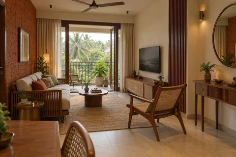 AI-generated living room design concept: balcony threshold living, malabar timber direction