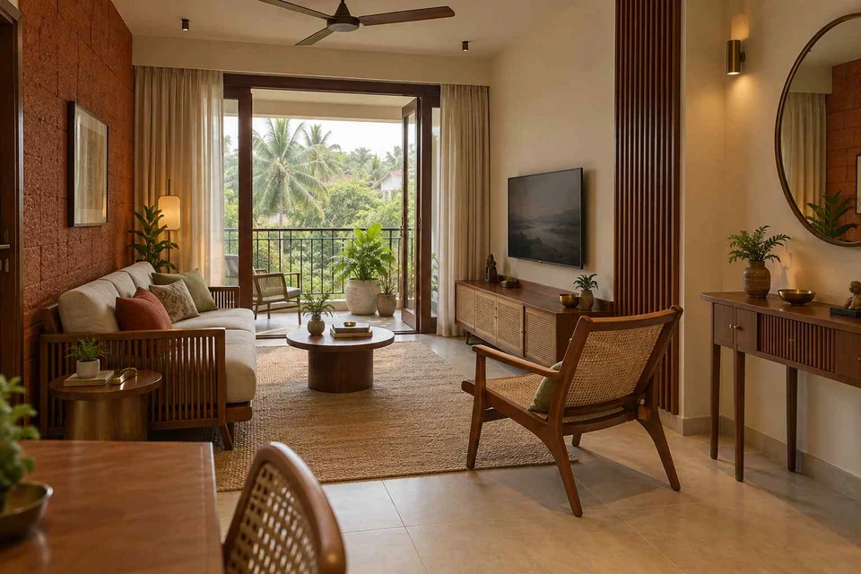 AI-generated living room design concept: balcony threshold living, malabar timber direction