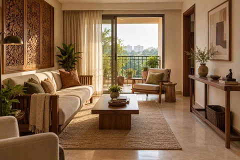 AI-generated living room design concept: balcony threshold living, modern carved direction