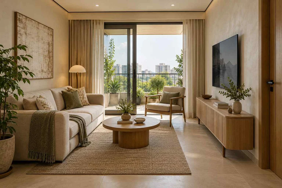 AI-generated living room design concept: balcony threshold living, quiet contemporary direction