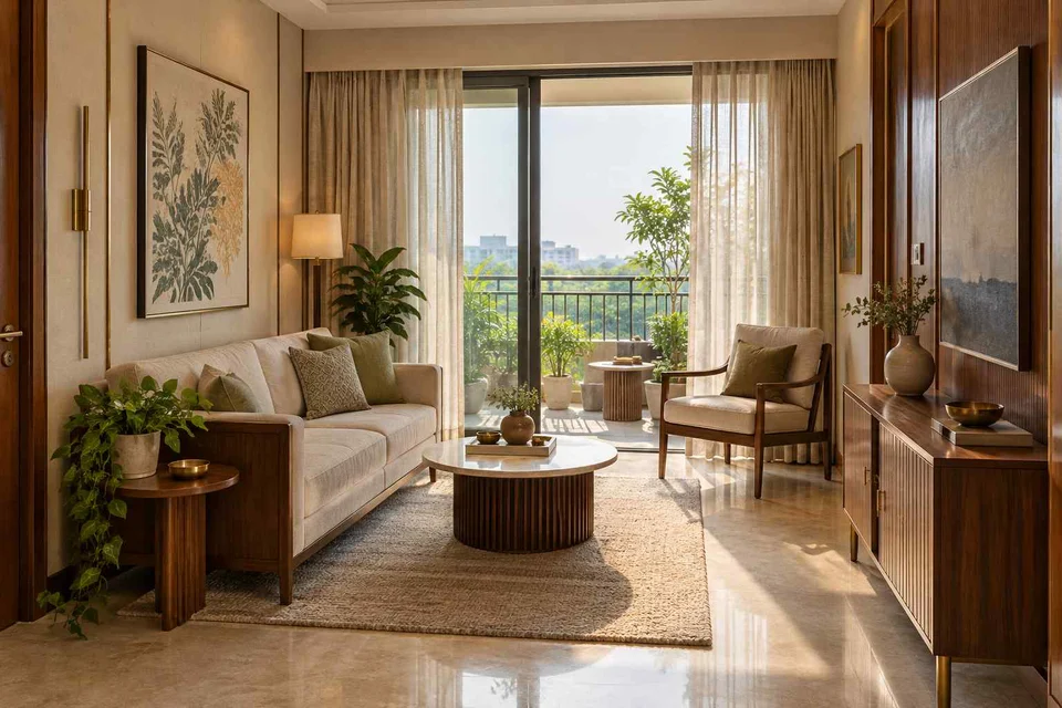 AI-generated living room design concept: balcony threshold living, rosewood brass direction