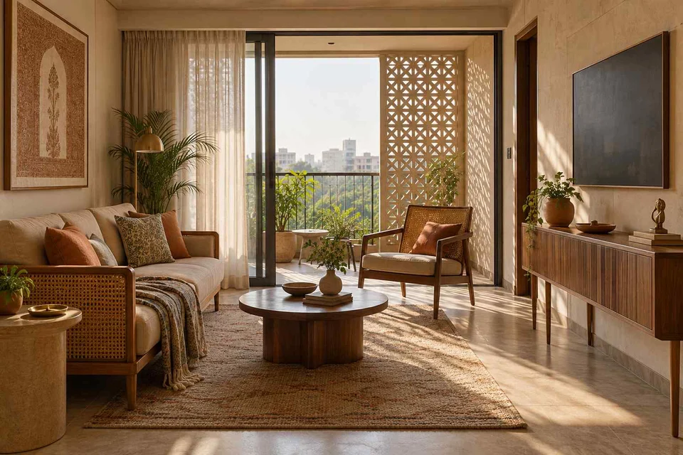 AI-generated living room design concept: balcony threshold living, sandstone lattice direction