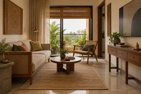 AI-generated living room design concept: balcony threshold living, teak craft direction