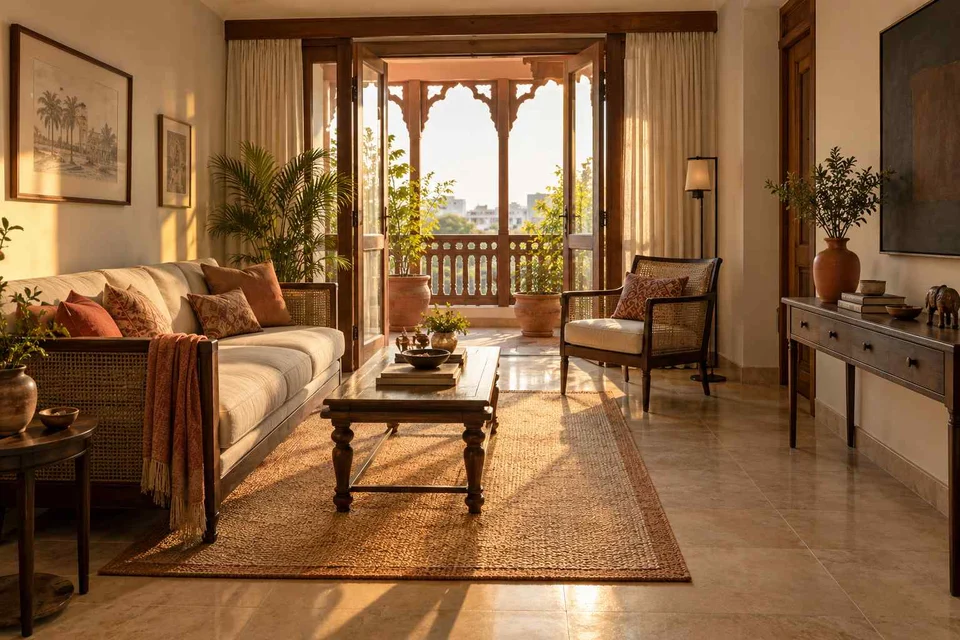 AI-generated living room design concept: balcony threshold living, terracotta heritage direction