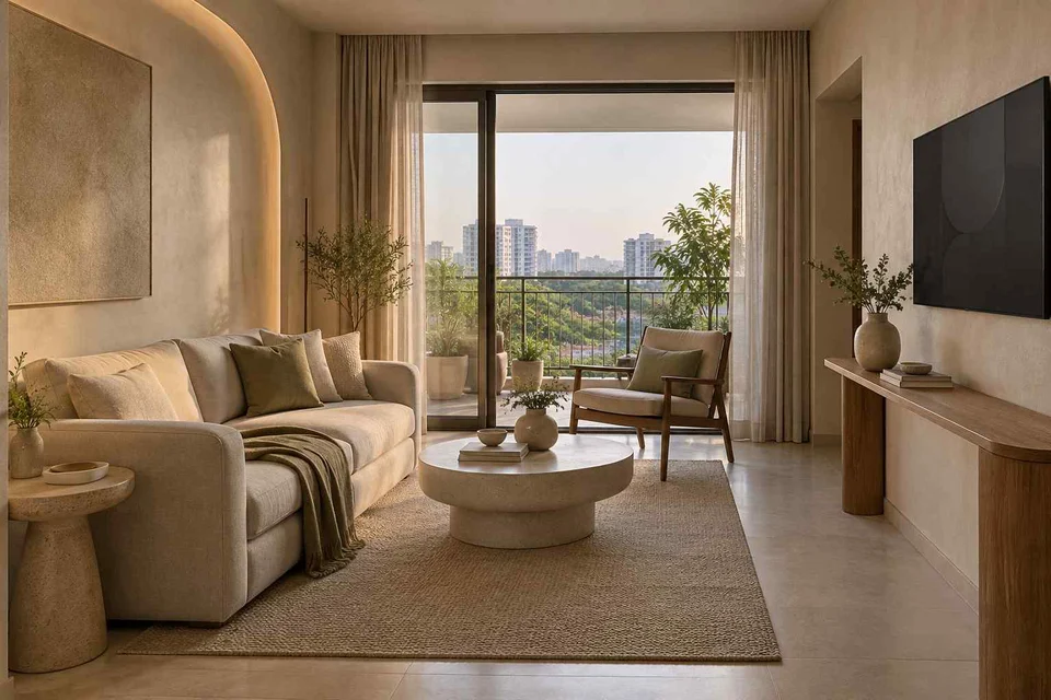 AI-generated living room design concept: balcony threshold living, textured mineral direction