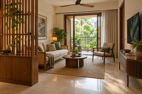 AI-generated living room design concept: balcony threshold living, tropical slatted direction