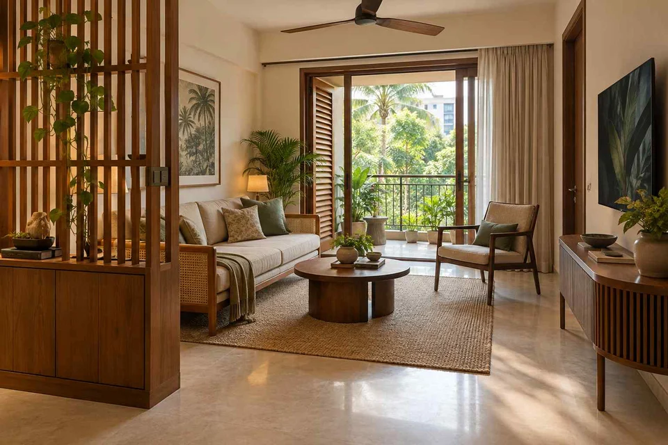 AI-generated living room design concept: balcony threshold living, tropical slatted direction