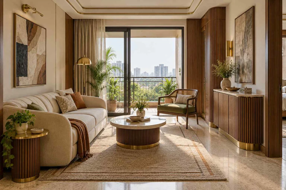 AI-generated living room design concept: balcony threshold living, urban deco direction