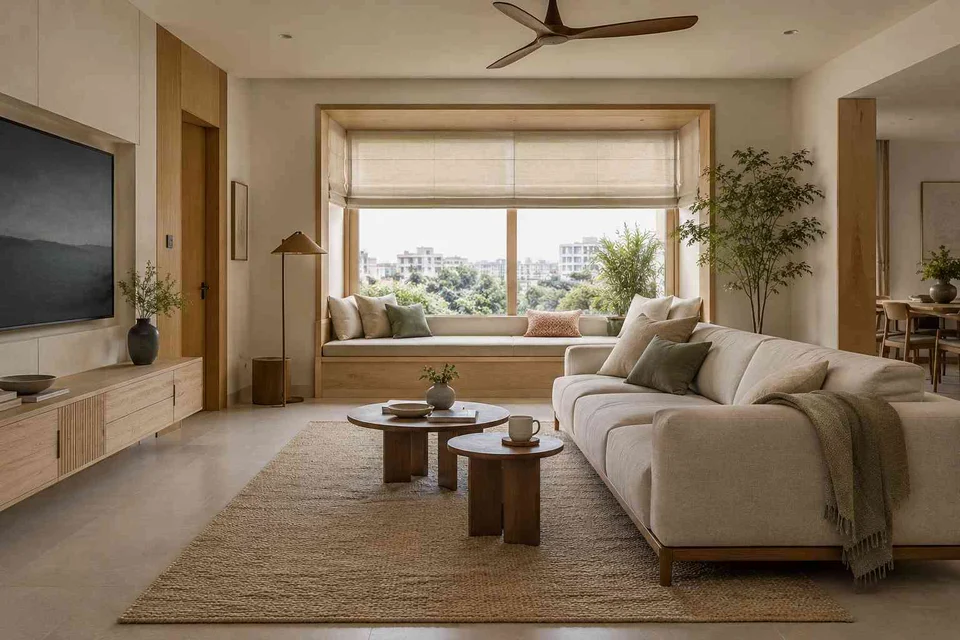 AI-generated living room design concept: bay window conversation, ash and linen direction