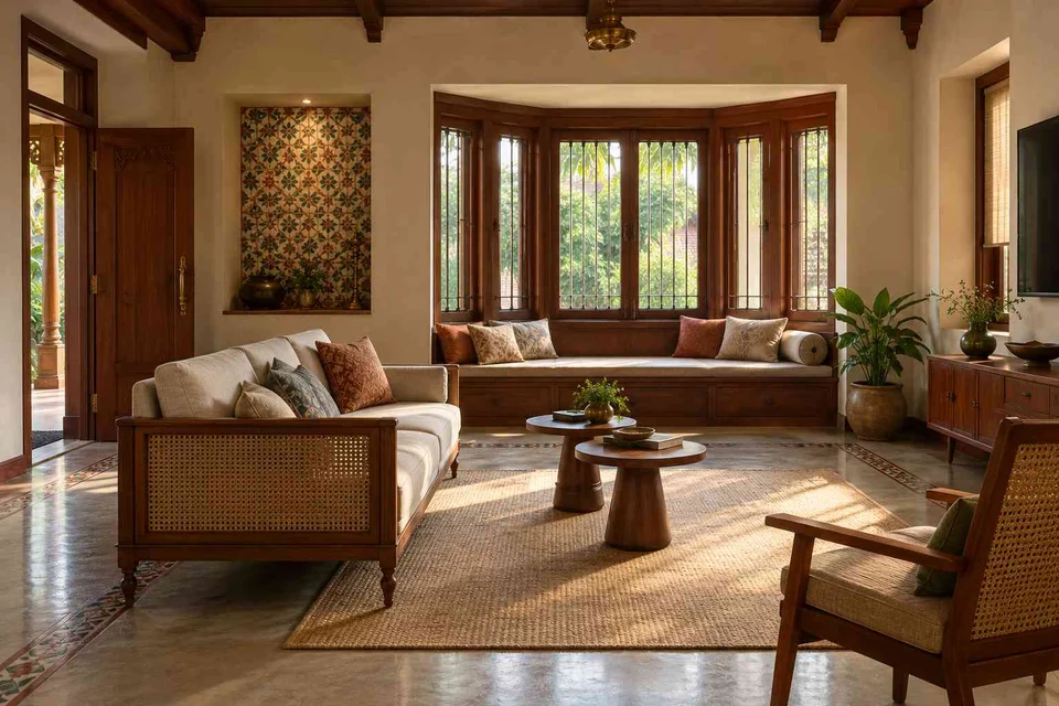 AI-generated living room design concept: bay window conversation, chettinad tile direction