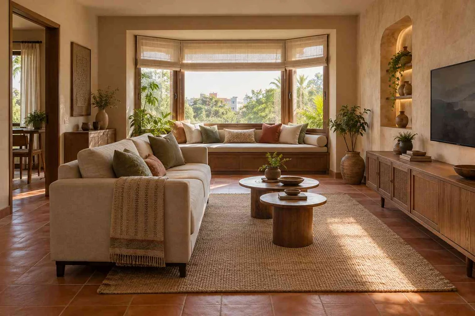 AI-generated living room design concept: bay window conversation, clay artisan direction
