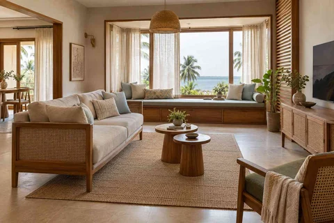 AI-generated living room design concept: bay window conversation, coastal woven direction